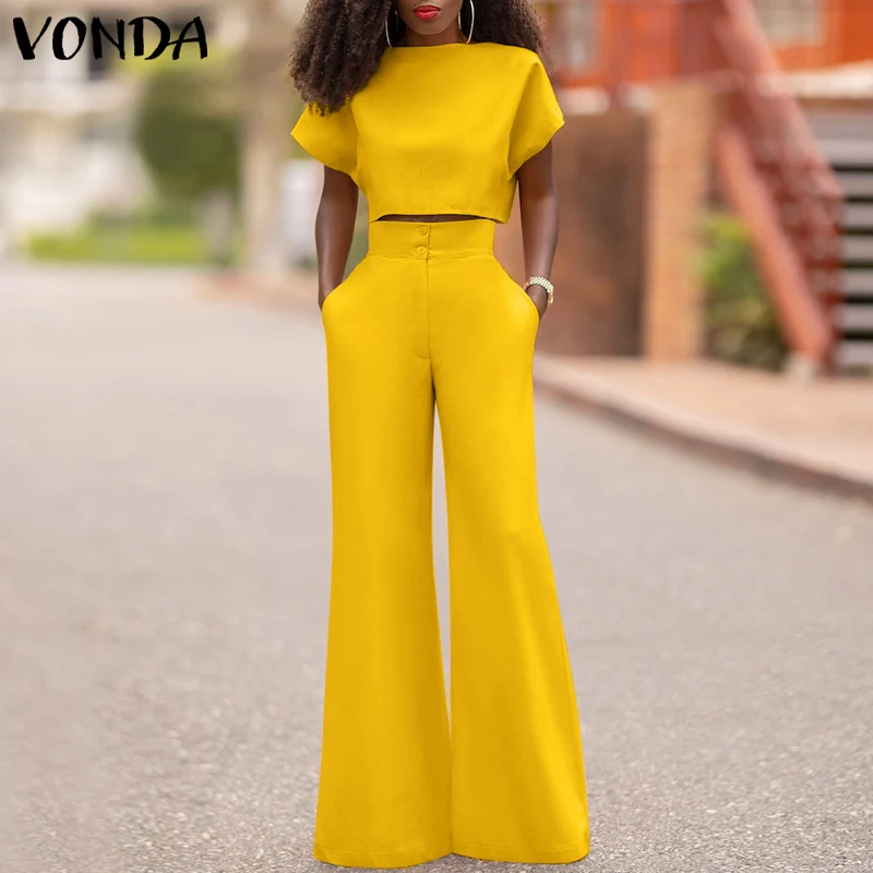 

Брюки VONDA 2022 женские с круглым вырезом, повседневные однотонные рубашки с коротким рукавом, топы, брюки на молнии с завышенной талией, Длинны...