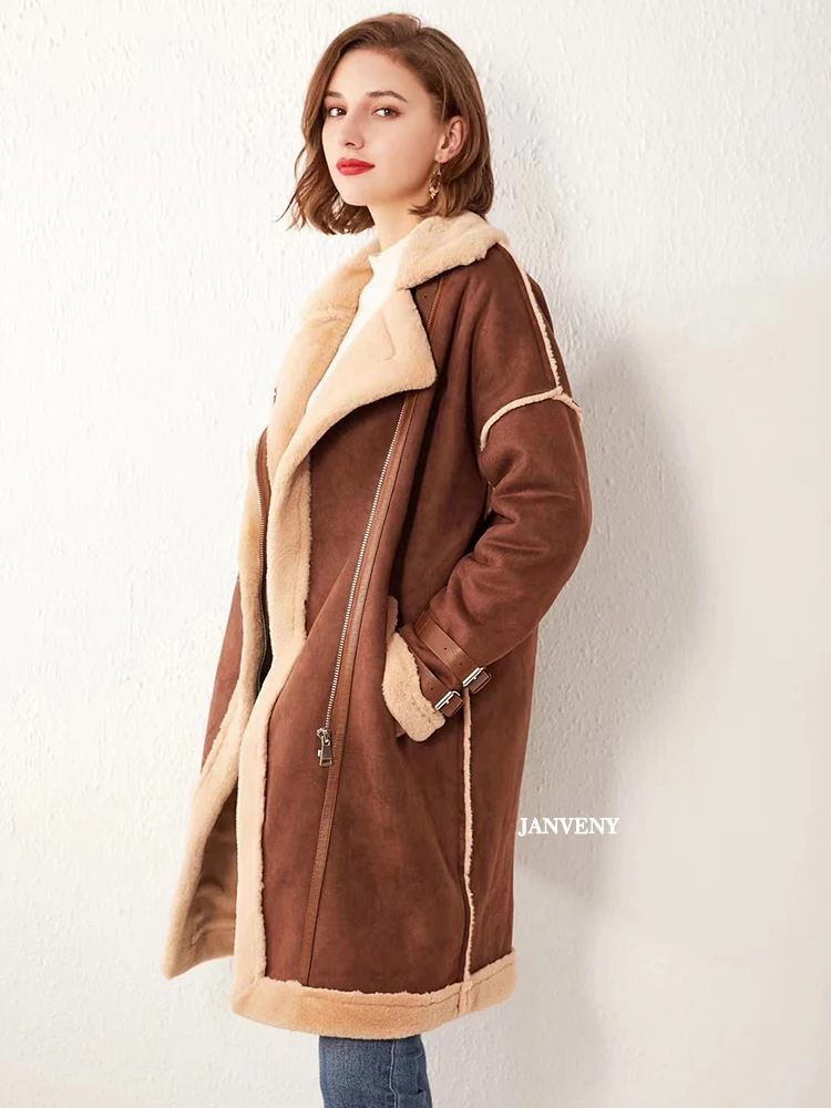 

Janveny 2022 Autumn Winter Women Faux Suede Leather Fur Jacket Warm Long Sleeve Moto Biker Brown Coat Lady Thicken Plush Parka
