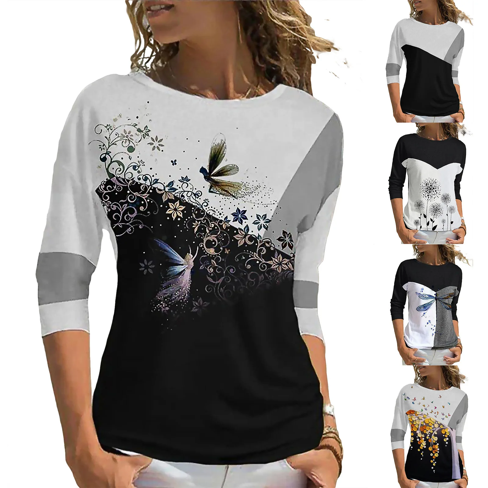 

2022 Women Spring Autumn O-Neck Three Quarter Sleeve Patchwork Long Sleeve Shirt Office Lady Casual Pullover Tops