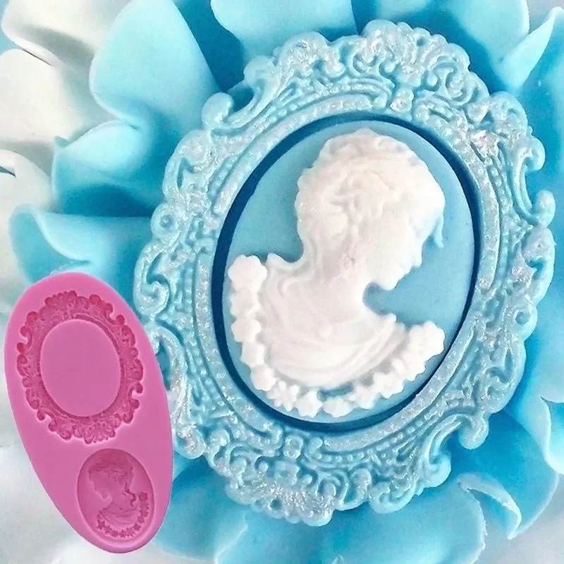 

NEW2022 Woman Cameo Mirror Frame Silicone Fondant Mould Cake Decor Chocolate Baking Mold