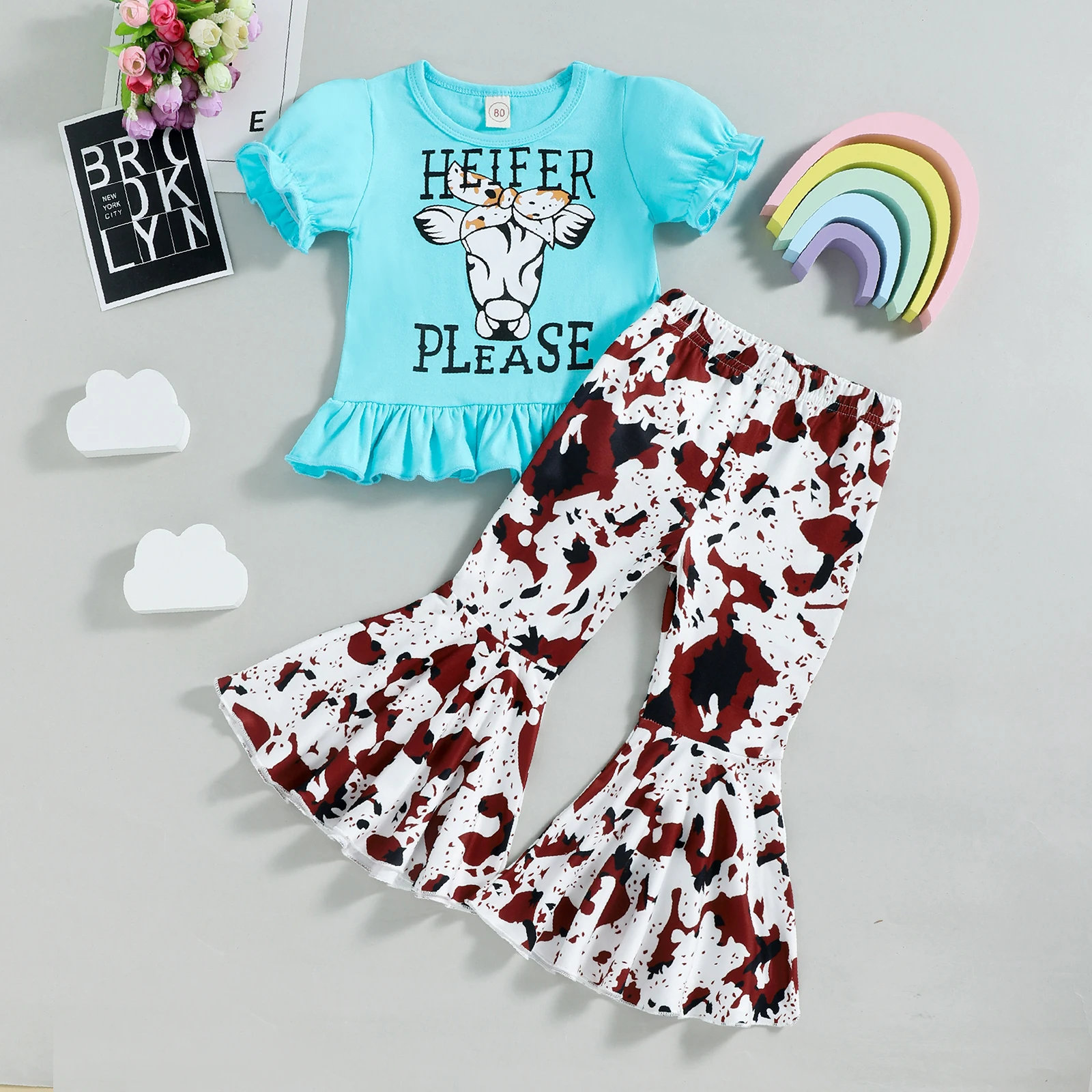 

TR New Summer Kids Baby Girls Short Sleeve Tops + Flared Trousers Letter Print Elastic Waist Bow Clothing Suit Set