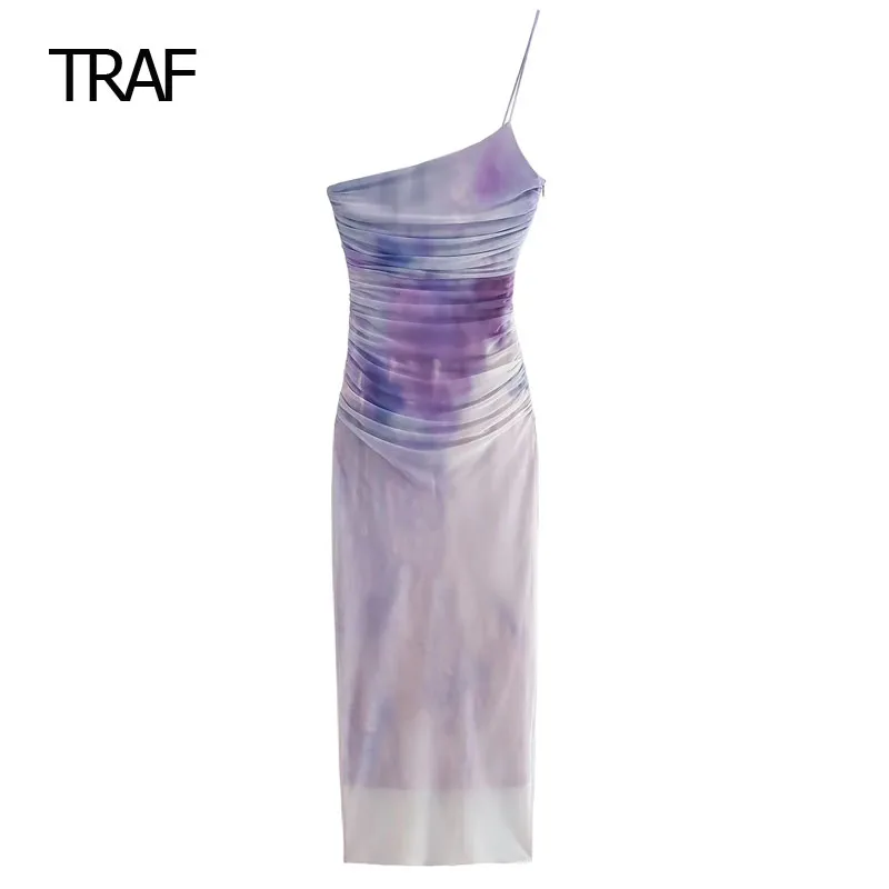 

TRAF Slip Dress Asymmetric Ruffle tie dye Dress Female Dresses 2023 Summer Cocktail Dress Evening Elegant Luxury Celebrity