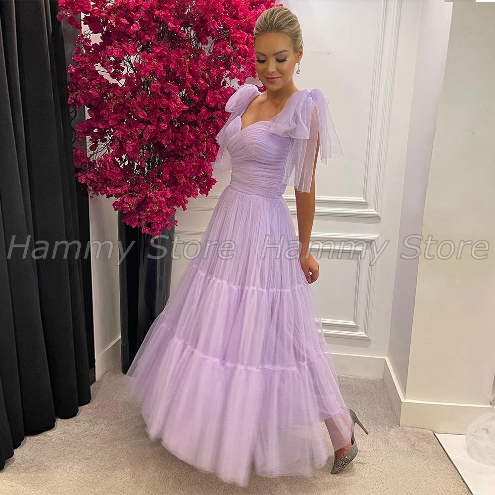 

Charming Lilac Evening Dress Sweetheart Sleeveless Ruched Pleat A Line Soft Tulle Robe De Soiree Cocktail Party Gown Formal Wear