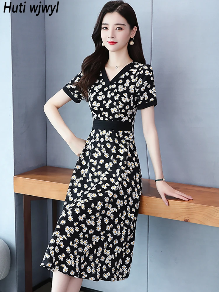 

Женское шифоновое платье средней длины, элегантное облегающее черное платье с цветочным принтом, V-образным вырезом, винтажное праздничное ...