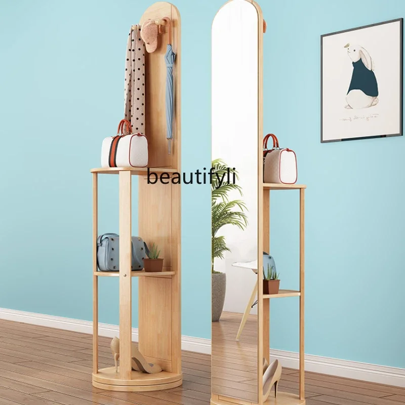

LBX Full-Length Mirror Floor Mirror Household Solid Wood Coat and Hat Rack with Mirror Rotatable Bedroom Hanger