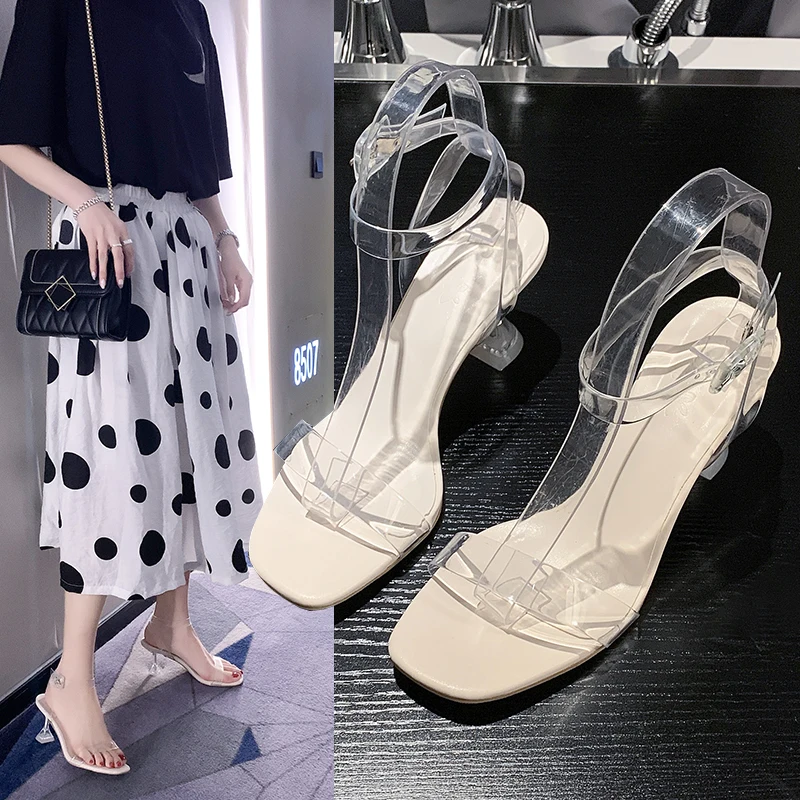 

Clear Heels 2022 Sandals Ladies Shoes Summer All-Match Open Toe Buckle Strap Suit Female Beige Med New Stiletto Fashion Peep Hig