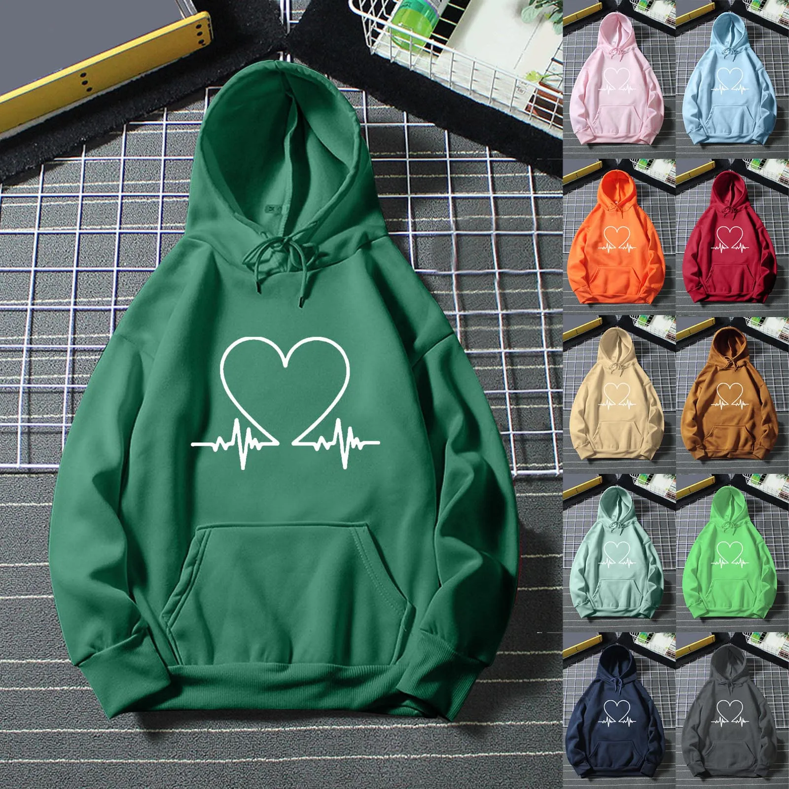 

2022 New Harajuku Women Hoodies Heartbeat Printed Casual Sweatshirt Long Sleeve Korean Style Basic Pullover Loose Streetwear Top