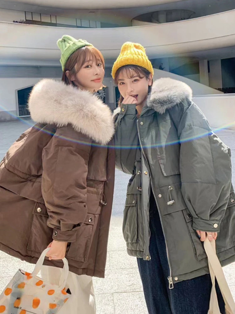 

2022 натуральный Лисий мех воротник с капюшоном Новинка однотонный 90% белый утиный пух пальто зимняя куртка женская теплая Свободная верхняя ...