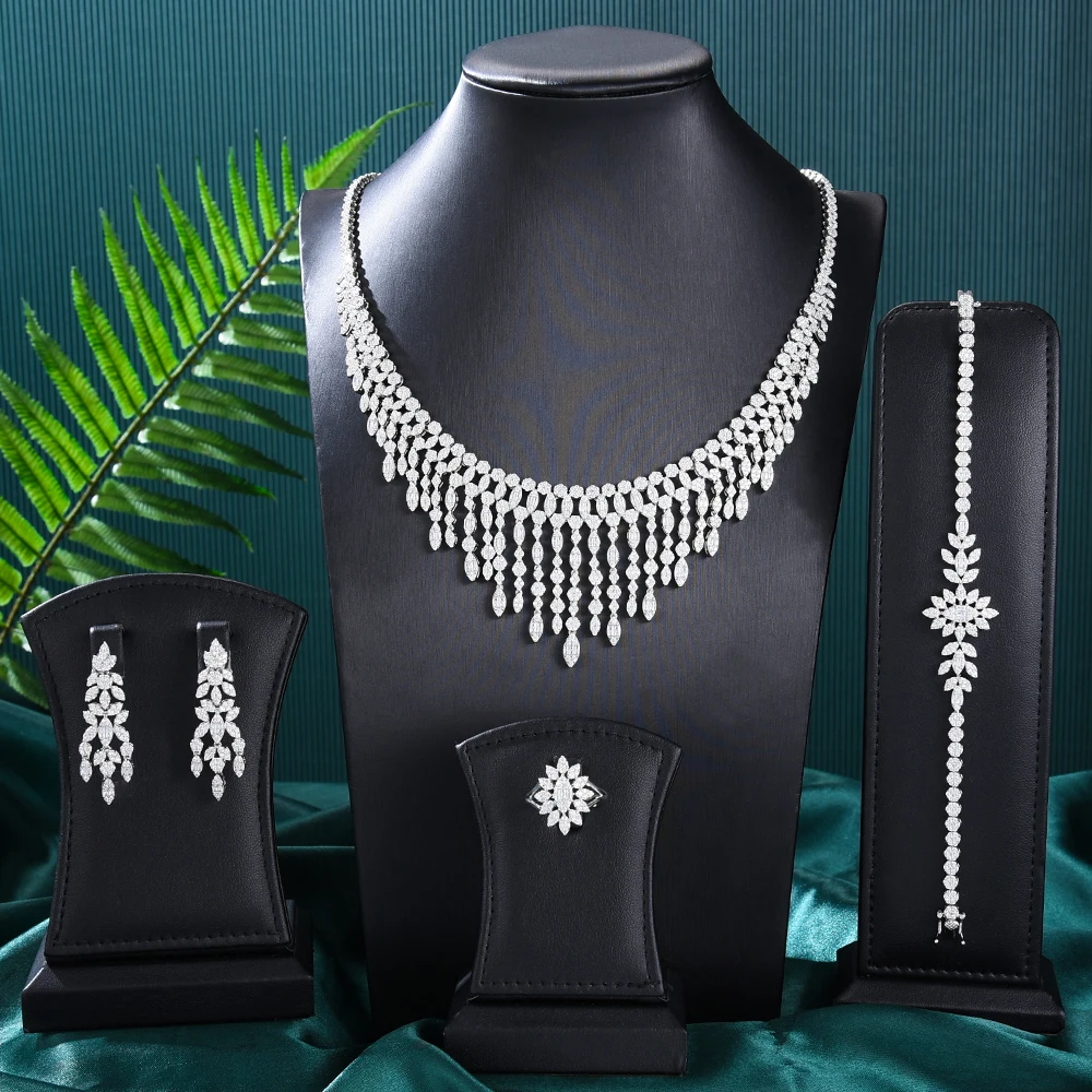 

Kellybola 4PCS Luxury Statement Shiny Tassel Jewelry Set For Women Bridal Wedding Party Show Cubic Zircon CZ African Dubai Sets