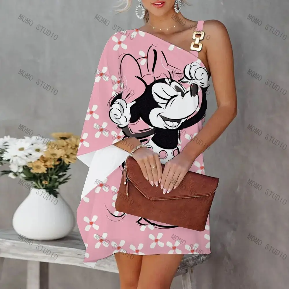 Evening Dresses Disney Luxury Party Dress Summer Dresses Woman 2022 Offer One-Shoulder Diagonal Collar Minnie Mouse Mickey Mini