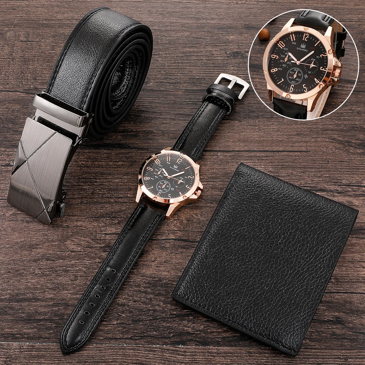 

Newly Men's Watch+Wallet+Belt Set Male's Gift for Father's Day Birthday Gift 3pcs/set for Dad Boyfriend Good-looking PU Strap