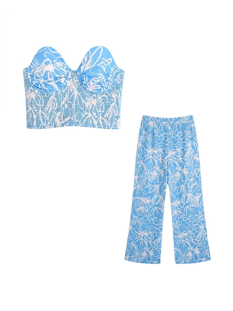 

Summer Set Women Sexy Strapless Printed Bustier and High Waist Straight Pants Outfits Casual Holiday Beach Two Pieces Sets Club