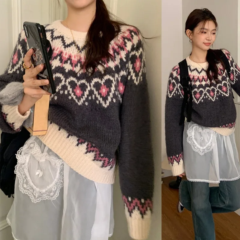 Винтажный жаккардовый свитер Fairland Love с контрастным круглым вырезом мягкий