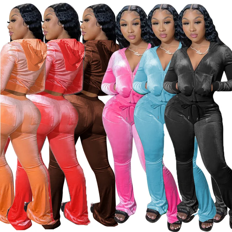 

Tracksuit Sweatshirt Solid Velvet Two Piece Set Women Outfits Zipper Long Sleeve Hooded Sweatshirt Top Flare Pants Joggers Suit