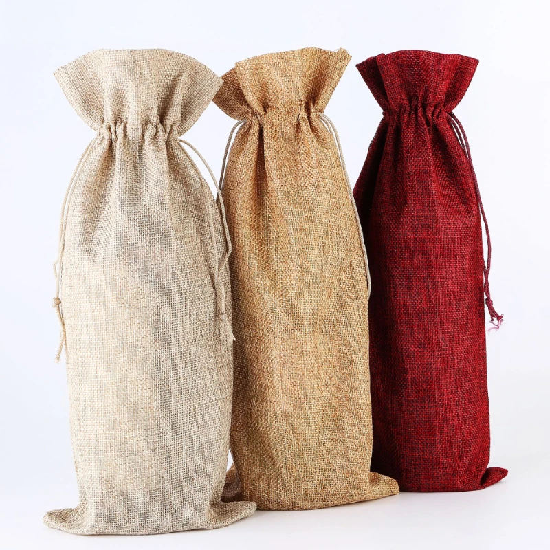 

10pcs/lot 15x35cm Linen Wine Bottle Bags with Drawstring Wine Bag Wedding Party Decoration Wine Bags Gift Champagne Pouch