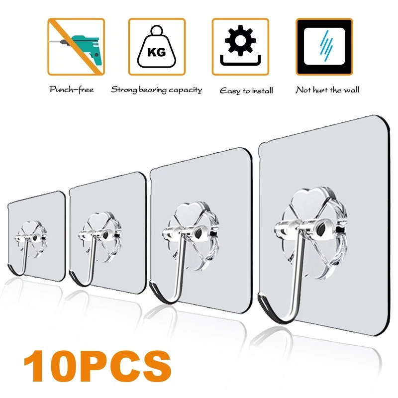 

1/10PCS Transparent Stainless Steel Strong Self Adhesive Hooks Key Storage Hanger for Kitchen Bathroom Door Wall Multi-Function