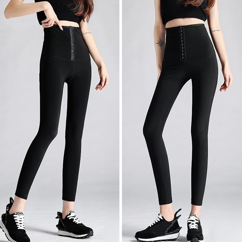 

Casual Women Slim Nine Pants Ladies Hip Lifter Pure Color Breasted Fitness Elastic Trousers High Waist Fitness Trousers