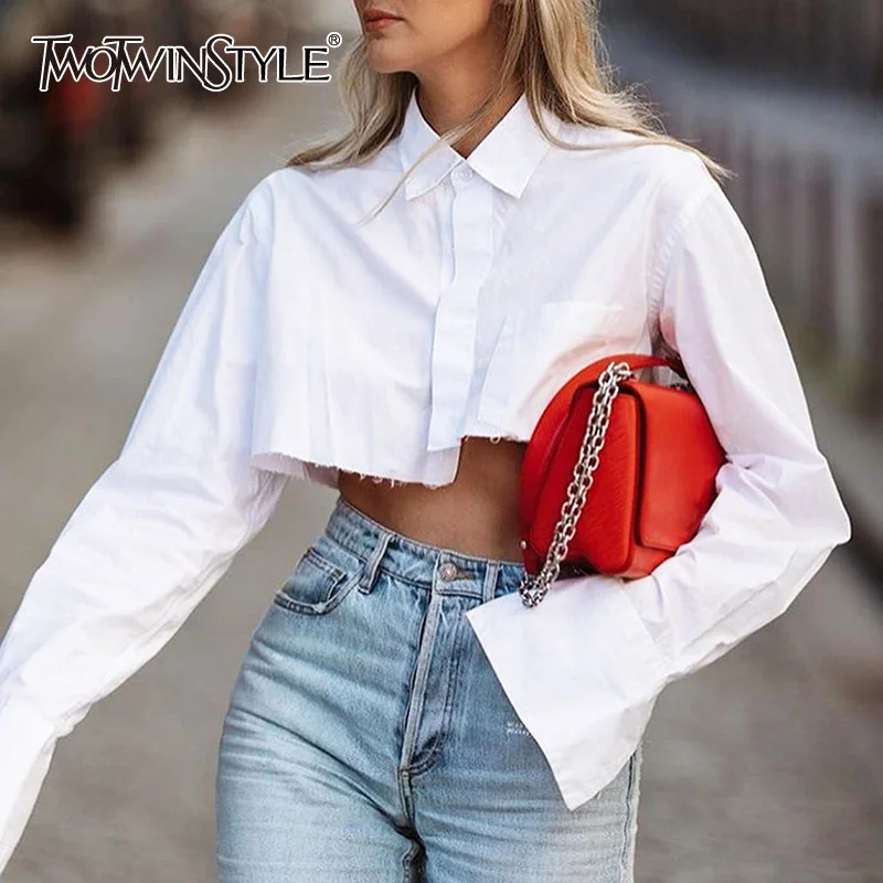 

TWOTWINSTYLE Sexy Crop Top Tassel Solid Color Shirt For Women Lapel Collar Long Sleeve Loose Oversized Shirts Female 2023 New