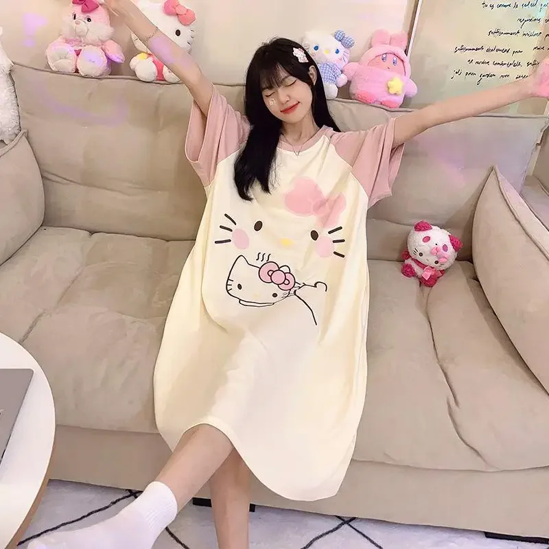 Kawaii Stitch Пижамы MINISO Аниме Hello Kitty Kuromi Прекрасная студентка с круглым вырезом Легкая