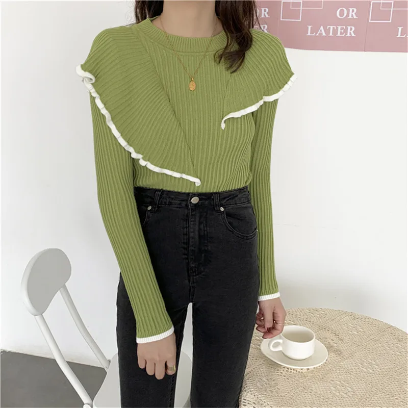 

OL Basic Bottoming Knit Sweater 2022 Spring Ew Korean Style Flounce Stitching Pullover Sweaters Slim Warm Thick Knitted Tops
