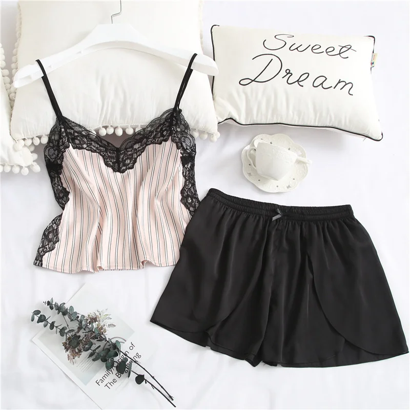 Women's Sleepwear 2 Pcs Sets Tops+Shorts Sexy Lace Satin Striped Sleeveless V-neck Cozy Soft Pyjama Sets