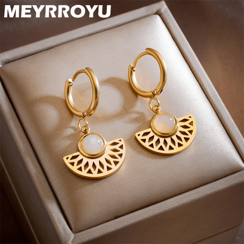 

MEYRROYU 316L Stainless Steel New Sector Metal White Stone Charm Hoop Earrings for Women Statement Jewelry Gift Aretes De Mujer