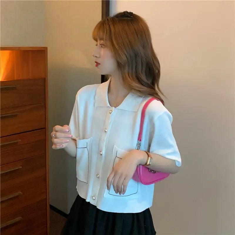 

Cardigan Lovely Pockets Knitted Preppy Chic Thin Clothes Summer Women Sleeve Elegant Korean Sweaters Sweet Short Design Females