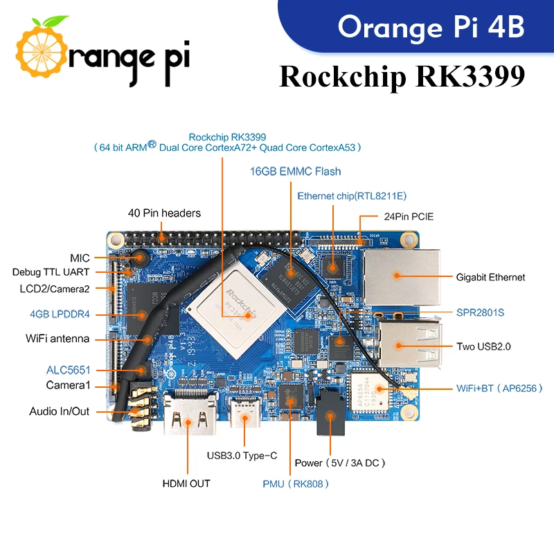 Orange Pi 4B + металлический корпус блок питания один компьютер RK3399 NPU SPR2801S работает на