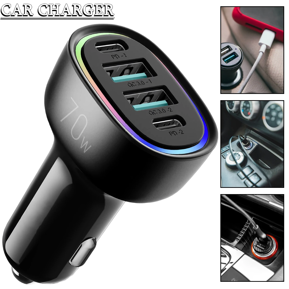 

Автомобильное зарядное устройство с 4 USB-портами, 70 Вт