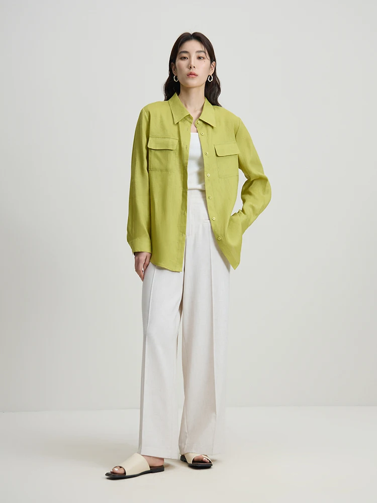 DUSHU 100% лен тонкая простая блузка с длинным рукавом воротник поло карманы