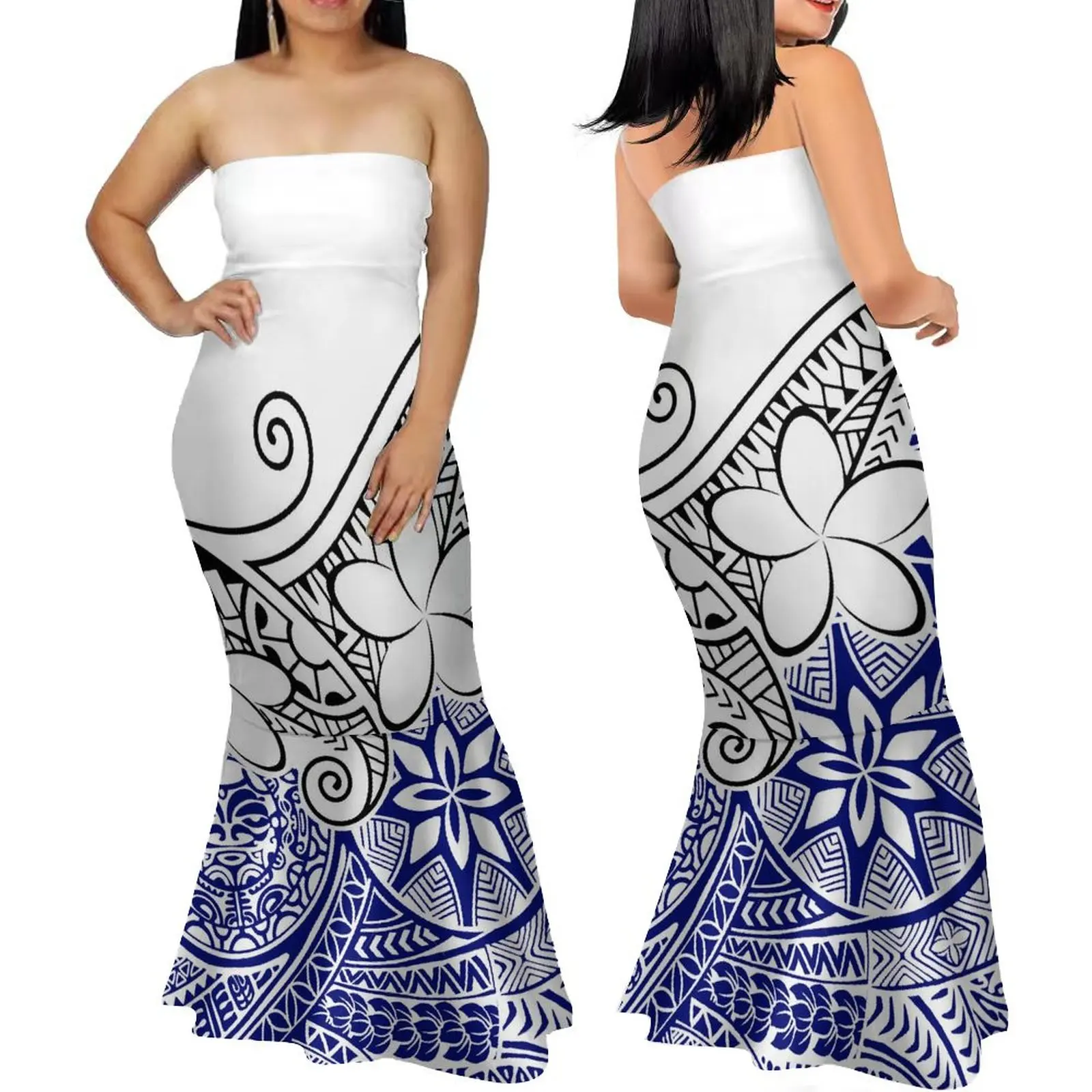 

2022 Wholesale Price Polynesian Retro Style Tube Top Fishtail Dresses Pacific Island Art Custom Logo Trumpet Mermaid Dress