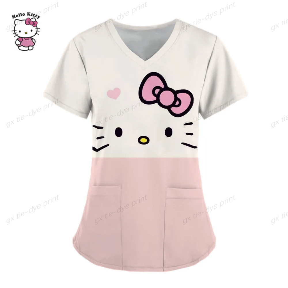 

Healthcare Working Nurse Uniform Women Print Short Sleeve V Neck Hello Kitty Print Shirts Blouse Tops With Pockets Top Clothing