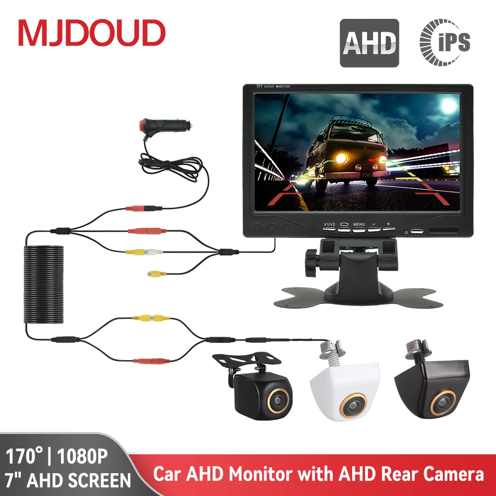 

MJDOUD Car AHD Rear view Camera with AHD Monitor for Parking 1080P Night Vision 12-24V Reversing Camera for 7" 1024*600 Screen