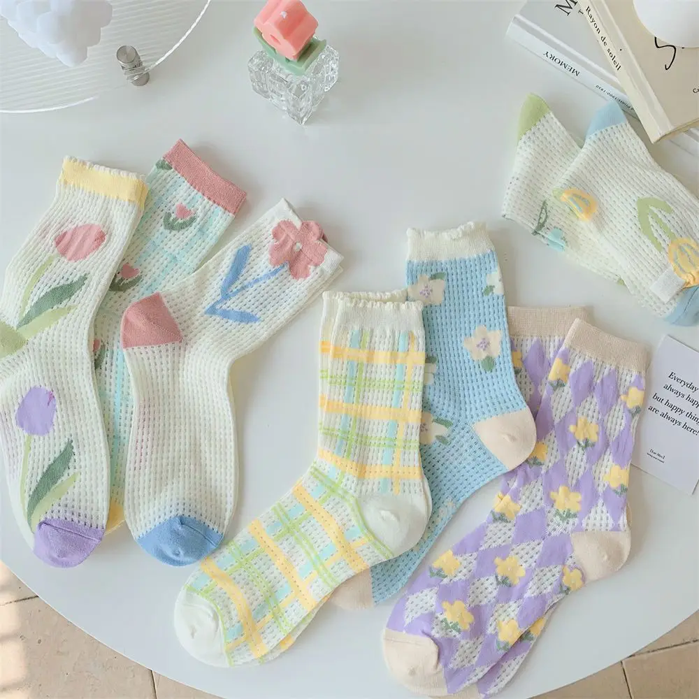 

Fashion Summer Women Socks Japanese Colorful Kawaii Lovely Cotton Flower Hosiery Korean Style Glass Silk Socks