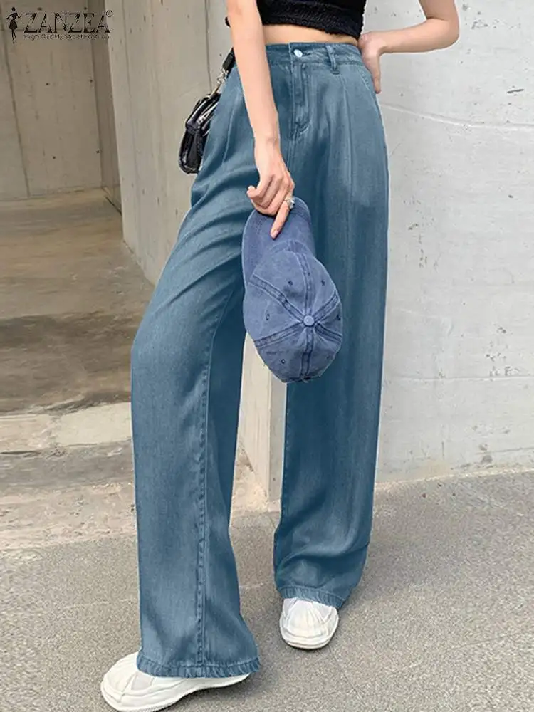 

ZANZEA Women 2023 Spring Summer Zip Up Pantalons Denim Blue Pants Office Lady Straight Leg Bottoms Holiday Palazzo Oversized