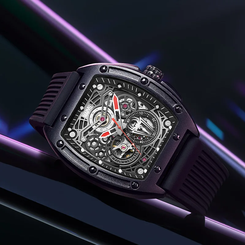 Механические полые деловые мужские механические часы с винной бочкой