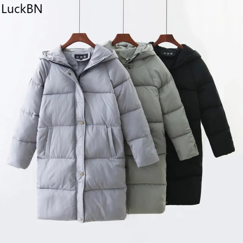 

Новинка зимы 2021, стильное плотное пальто с капюшоном большого размера, стеганая куртка, Женская корейская мода, длинная куртка выше колена