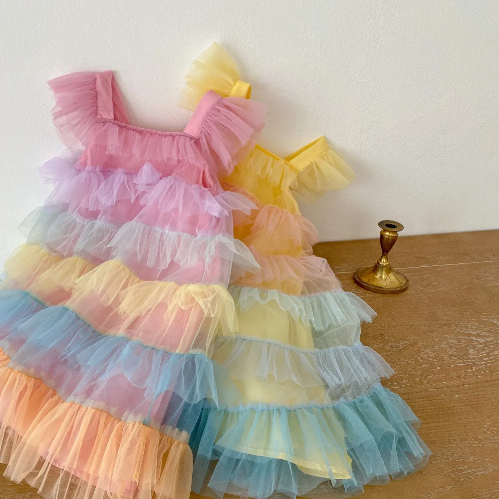 

Girls Casual Dresses Colorful Gauze Skirt Thousand Layer Yarn Tanks Square Collar Korean Princess Style Ball Gown Active