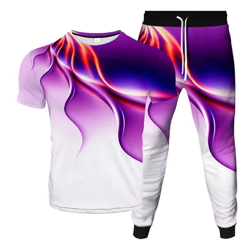 2023 Summer New Men's Digital Printing Gradient Pattern T-shirt Trousers 2-Piece Suit Men's Casual 3D Creative Short-Sleeved Tro