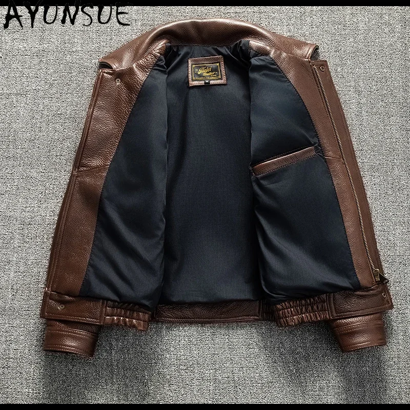 Мужская короткая куртка из натуральной воловьей кожи с воротником лацканами