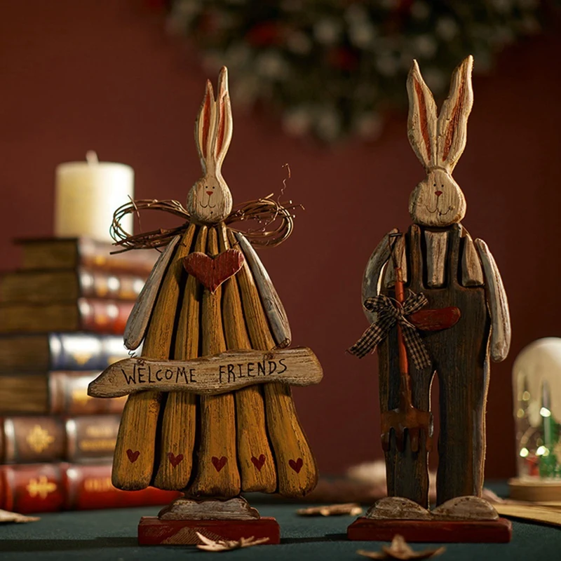 

A63I 37Cm Easter Wooden Old Bunny Ornaments Tabletop Decor For Bedroom Living Room Small Figurines Christmas Gifts