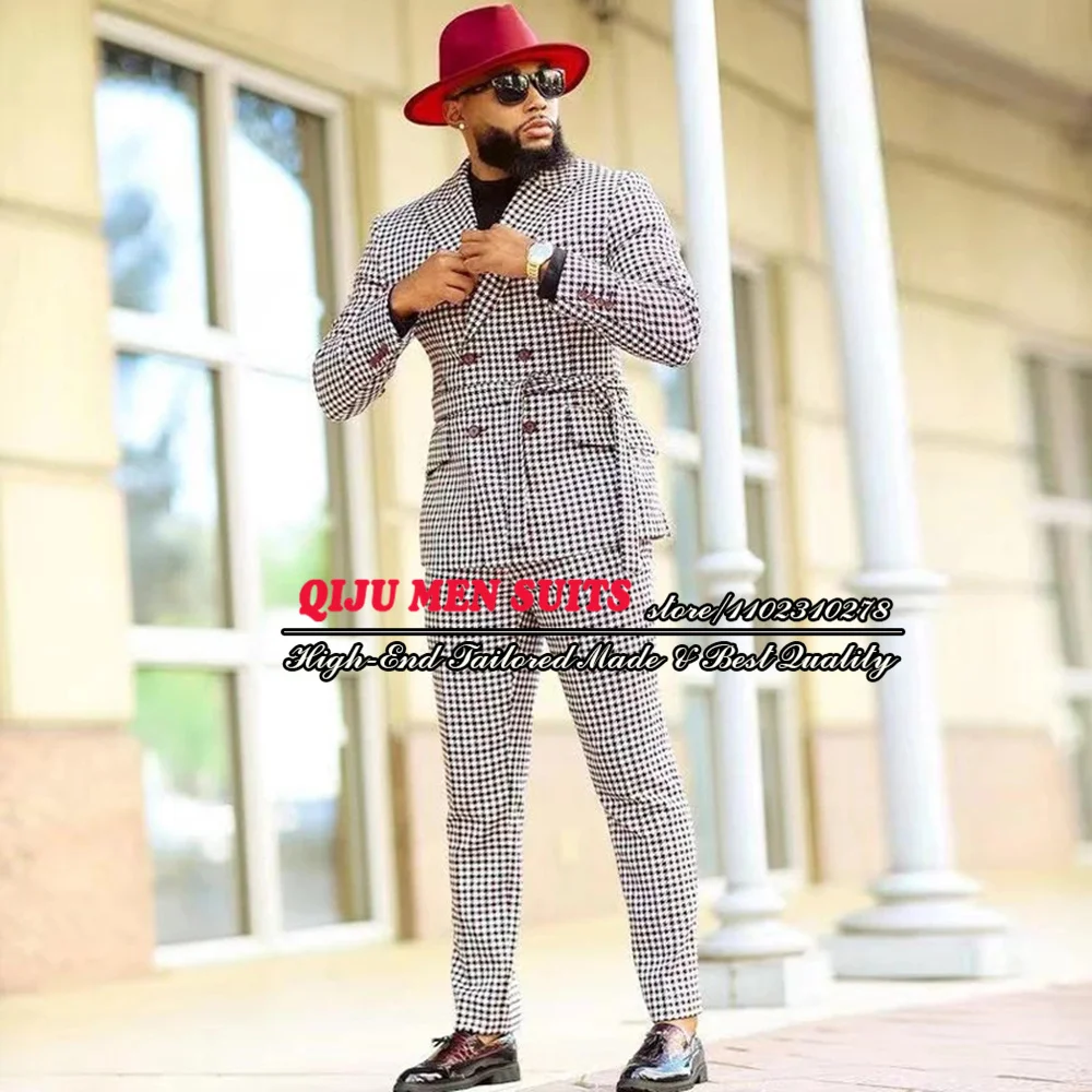 

Colorful Plaid Suits Men Smart Casual Party Blazer Sets Tailored Made Double Breasted Coat Pant 2 Pieces Groom Wedding Tuxedos