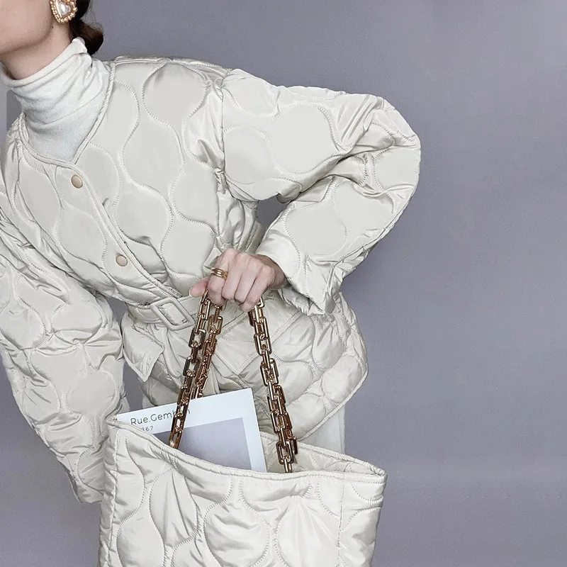 Ardm Casual O-Neck Button-Up Belt Cotton French Parkas Quilted Winter Coat Women Elegant Long Sleeve Pockets Top Warm Jacket