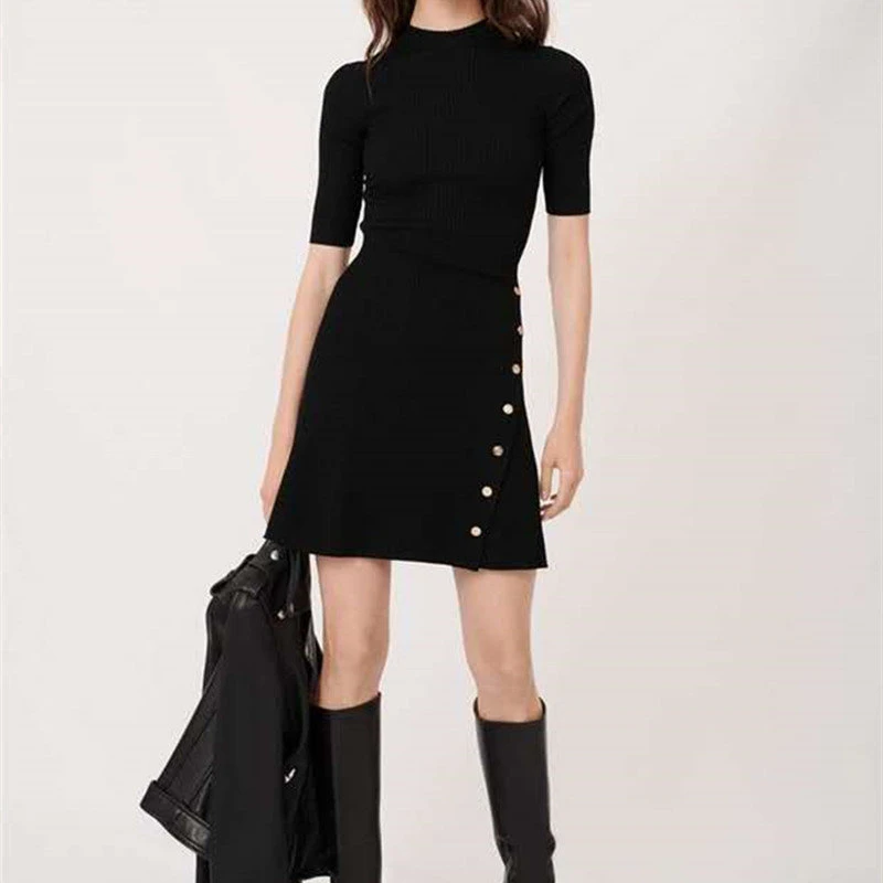 

EOS 2023 Spring Women Half High Collar Black Button Side Slim Fit Knitted Mini Dress French Pairs Fashion High Quality