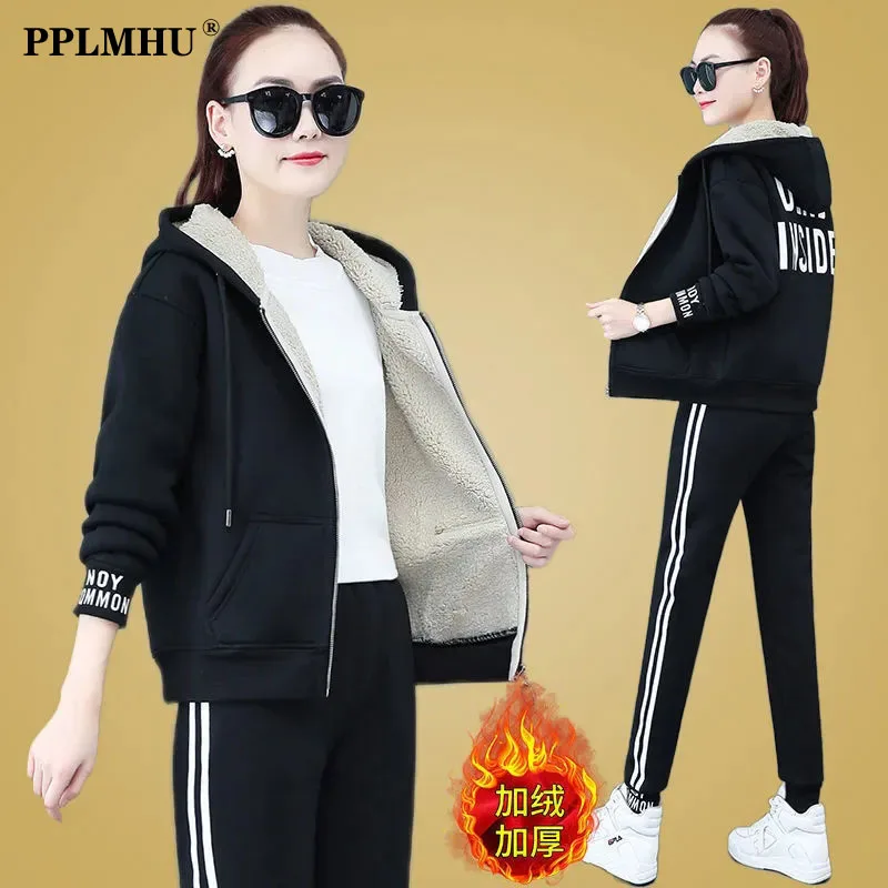 

Autumn Winter Plus Velvet Thick Hooded Tracksuit Women 2 Piece Set Faux Lambswool Zip Up Sweatshirt Casual Warm Fleece Pant Suit
