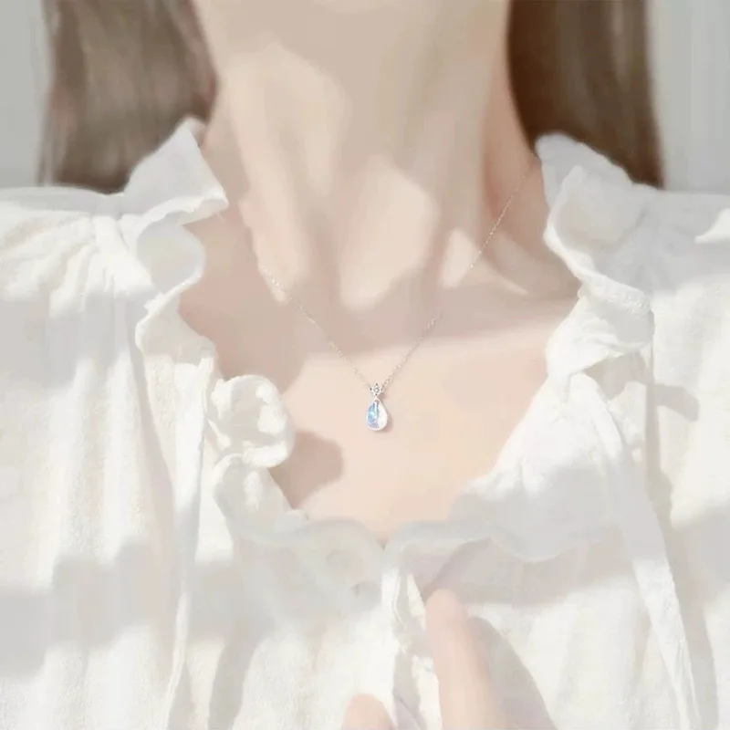 Sterling Silver Plated Natural Sea Blue Moonstone Pendant Small Water Drop Necklace Women's Light Luxury Design High-En... |