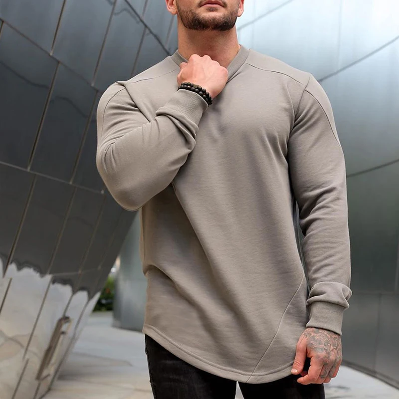

Autumn New Sports Long Sleeved Men's Running Training Round Neck Hoodies Sweater Fitness Clothing Male Solid Color Streetwear