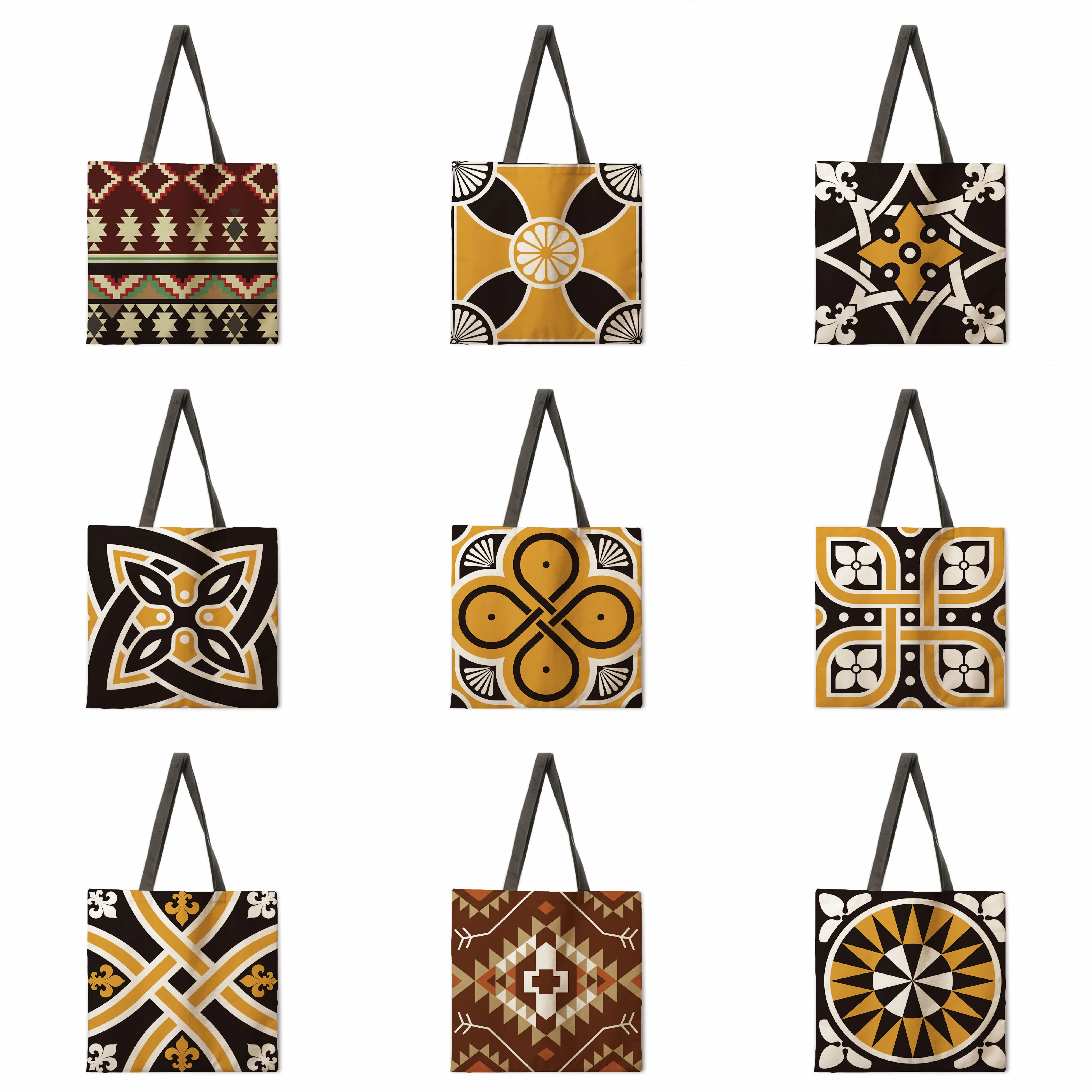 

Черно-желтая дизайнерская сумка в этническом стиле, льняная Женская бутиковая сумка для покупки продуктов, Повседневная пляжная сумка чере...