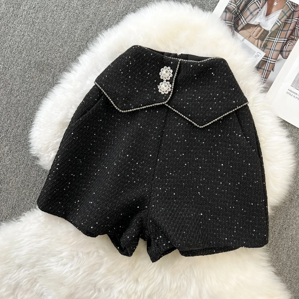 Small Fragrance Tweed Wool Sequined Shorts Women High Waist Autumn Winter Wide Leg Boots