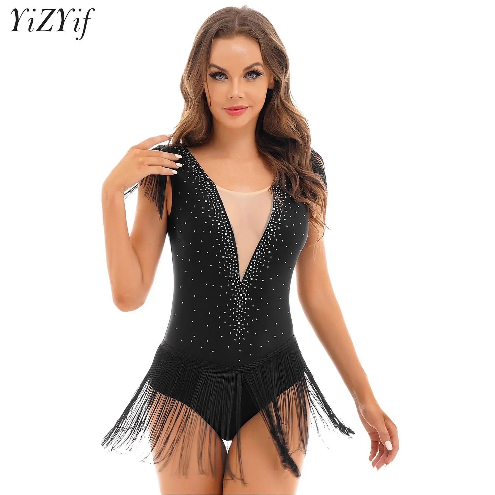 

Women Flowy Tassel Latin Jazz Dance Leotard Figure Ice Skating Bodysuit Costume Tango Samba Rumba Cha Cha Ballroom Dancewear